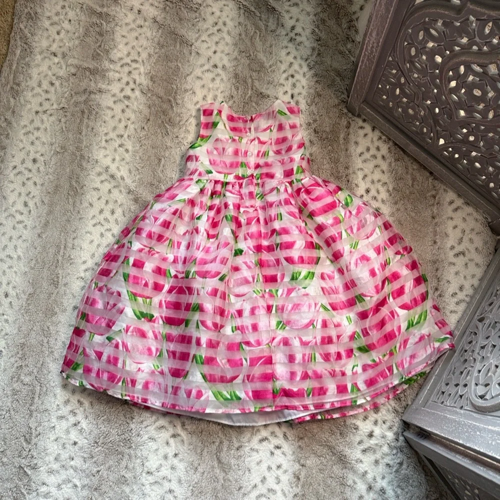 Marmellata pink green floral stripes dress girls size 5 Easter garden party